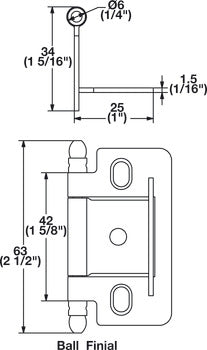 Decorative Butt Hinge, Partial Wrap, Non-Mortise, Ball Finial